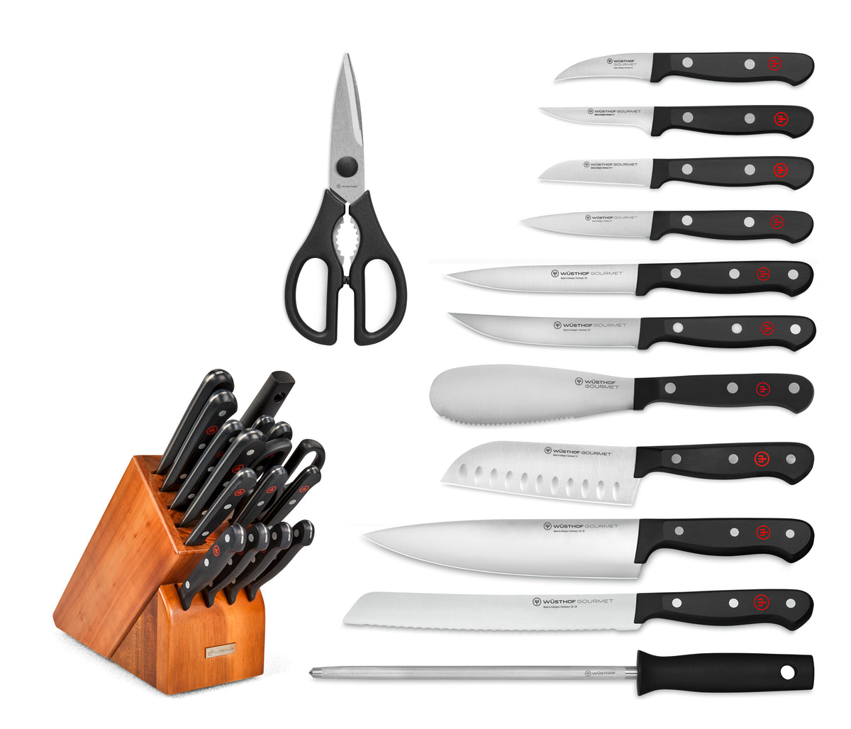 Gourmet 16-Piece Knife Block Set featuring forged German knives with black ergonomic handles, kitchen shears, sharpening steel, and a wooden storage block.