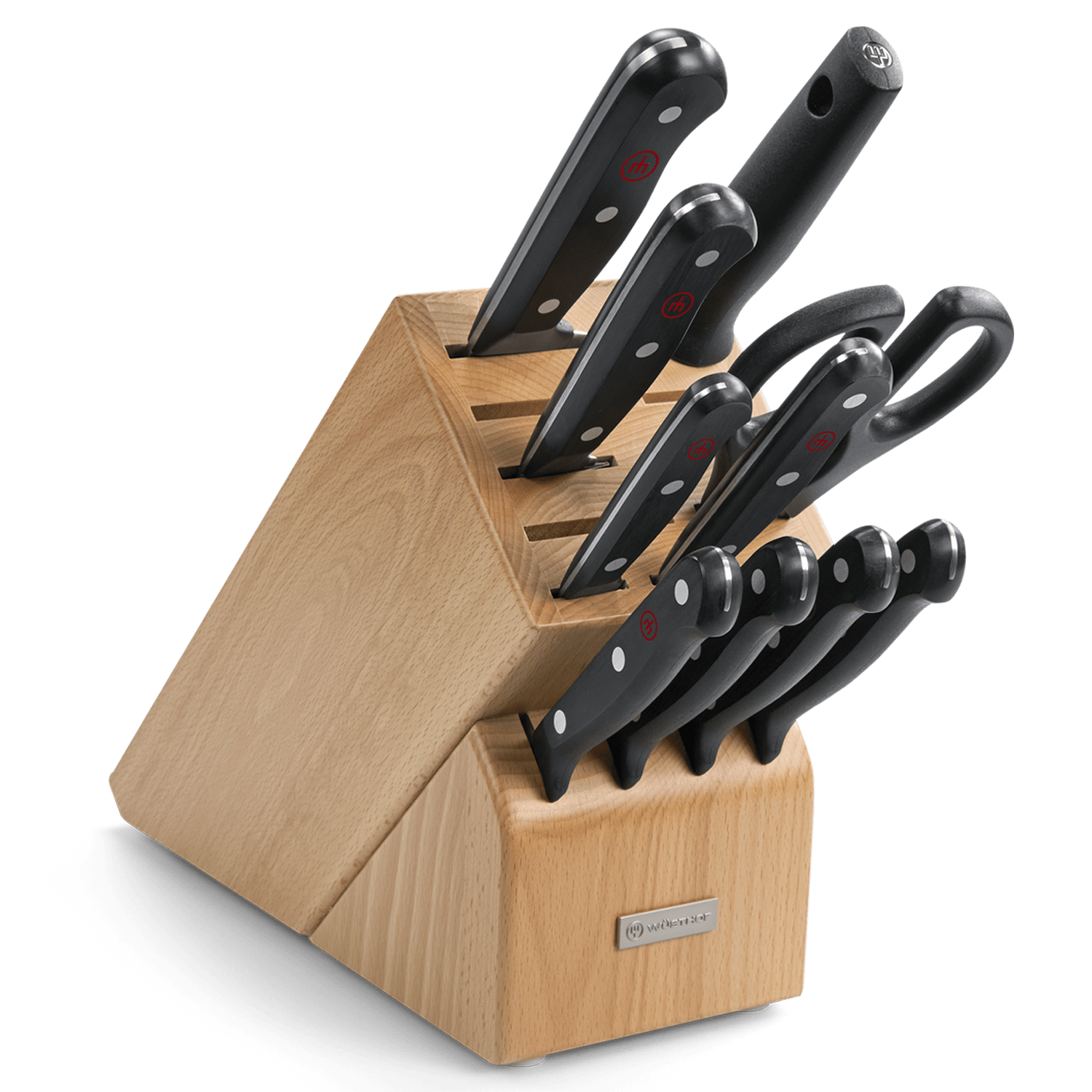 Gourmet 11-Piece Knife Block Set featuring forged German steel blades with durable black handles and a polished wooden storage block with kitchen shears.