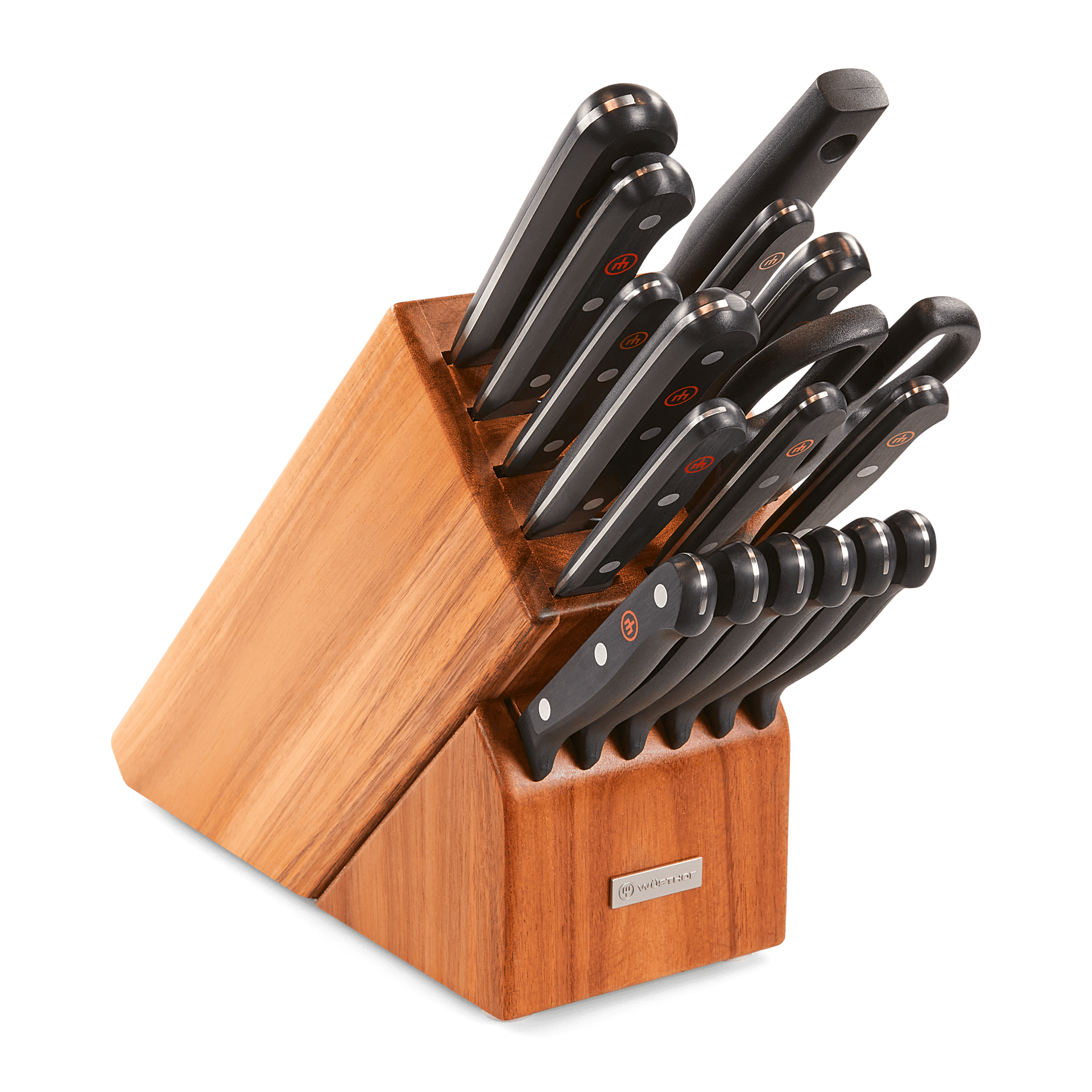 Gourmet 18-Piece Knife Block Set with forged German steel blades and ergonomic black handles neatly arranged in a polished wooden storage block.