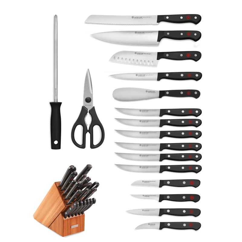 Gourmet 18-Piece Knife Block Set featuring forged German knives with black ergonomic handles, kitchen shears, honing steel, and a wooden storage block.