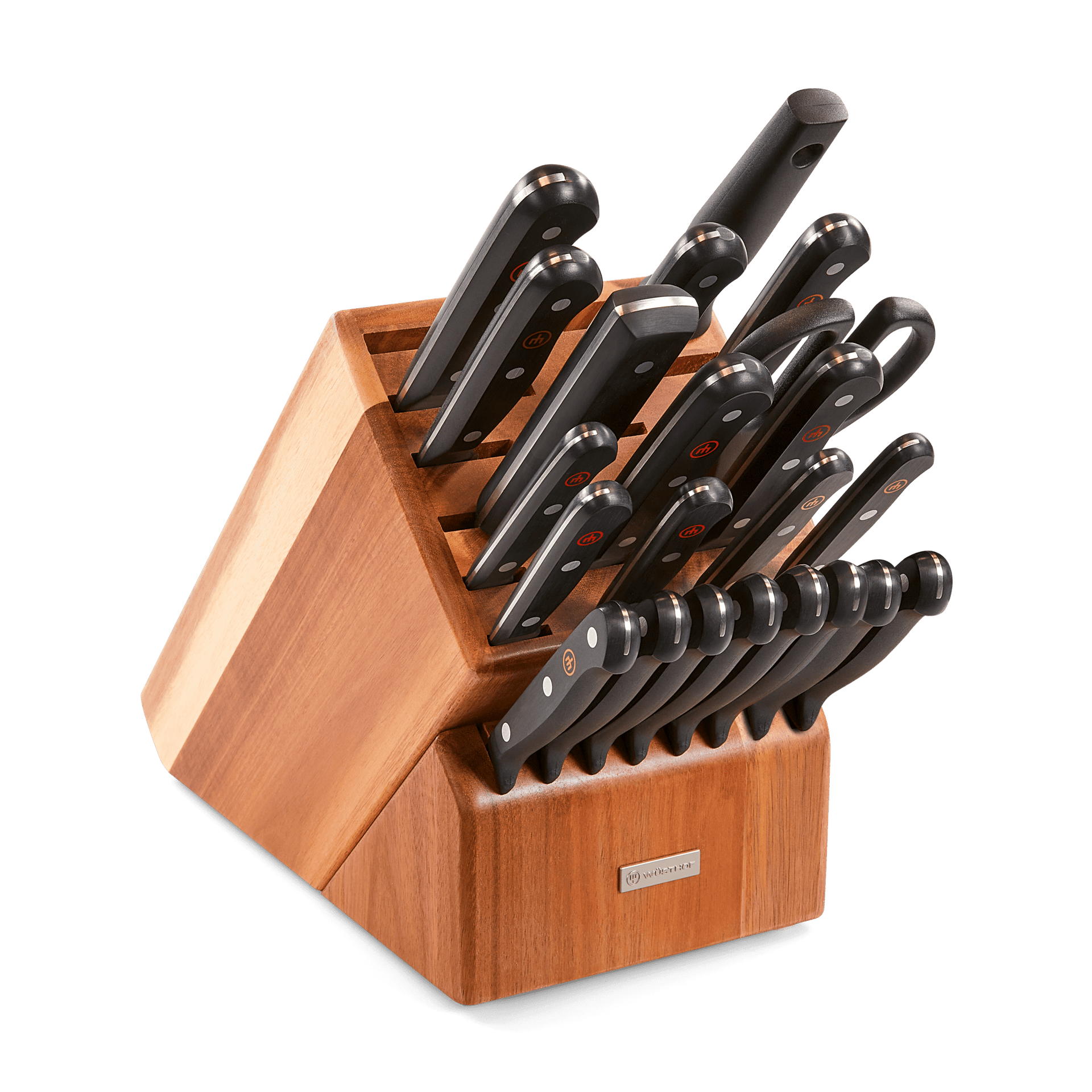 Gourmet 23-Piece Knife Block Set featuring forged German knives with black ergonomic handles neatly stored in a polished wooden block for organized kitchen use.