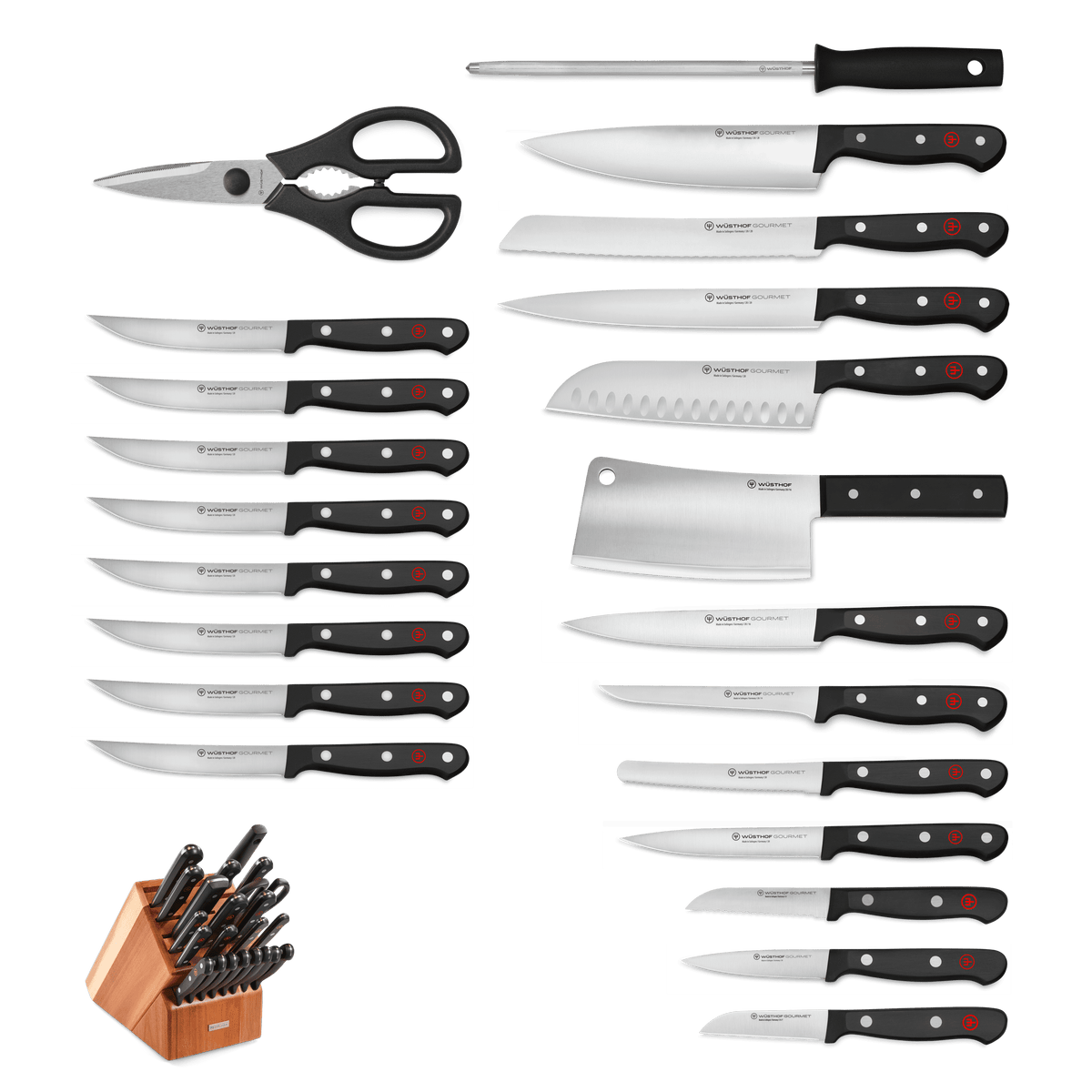 Gourmet 23-Piece Knife Block Set featuring forged German knives with black ergonomic handles, kitchen shears, honing steel, and a wooden storage block for organized kitchen use.