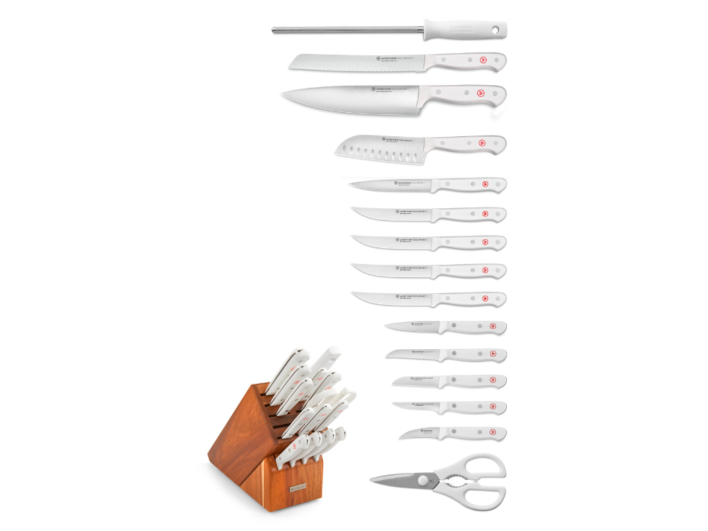 Gourmet 16-Piece Knife Block Set displaying forged German knives with sharp stainless steel blades and ergonomic white handles arranged next to a rich wooden storage block.