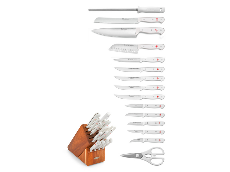 Gourmet 16-Piece Knife Block Set displaying forged German knives with sharp stainless steel blades and ergonomic white handles arranged next to a rich wooden storage block.