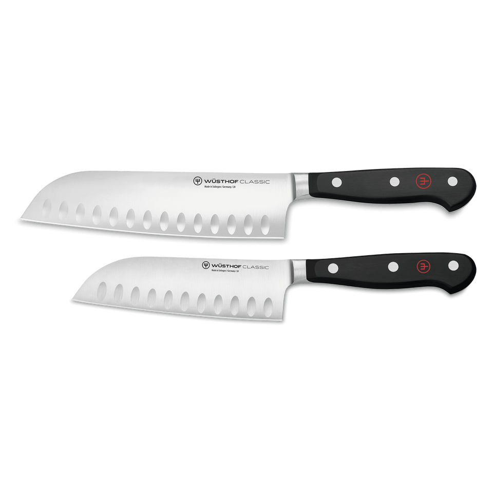 Classic 2-Piece Santoku Set featuring forged German kitchen knives with black ergonomic handles and granton edges for smooth, precise slicing.