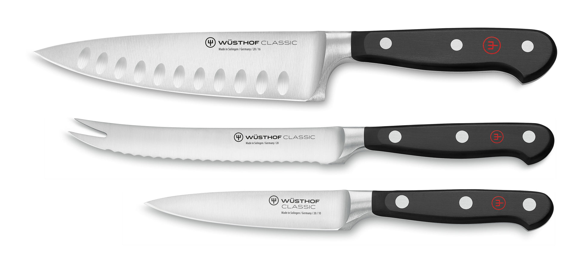 Classic 3-Piece Ultimate Chef's Knife Set featuring forged German knives with black ergonomic handles, including chef, serrated utility, and paring blades.