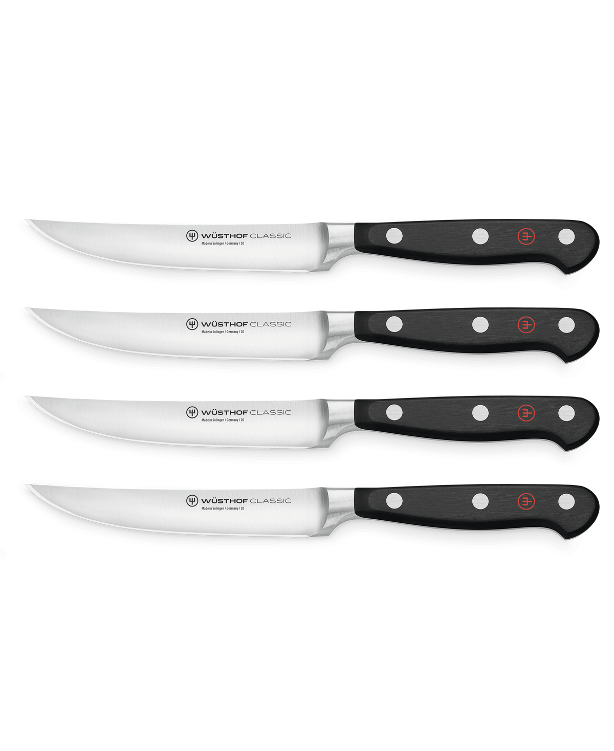 Classic 4-Piece Steak Knife Set featuring forged German steel blades with triple-riveted black handles for precise cutting and balanced grip.