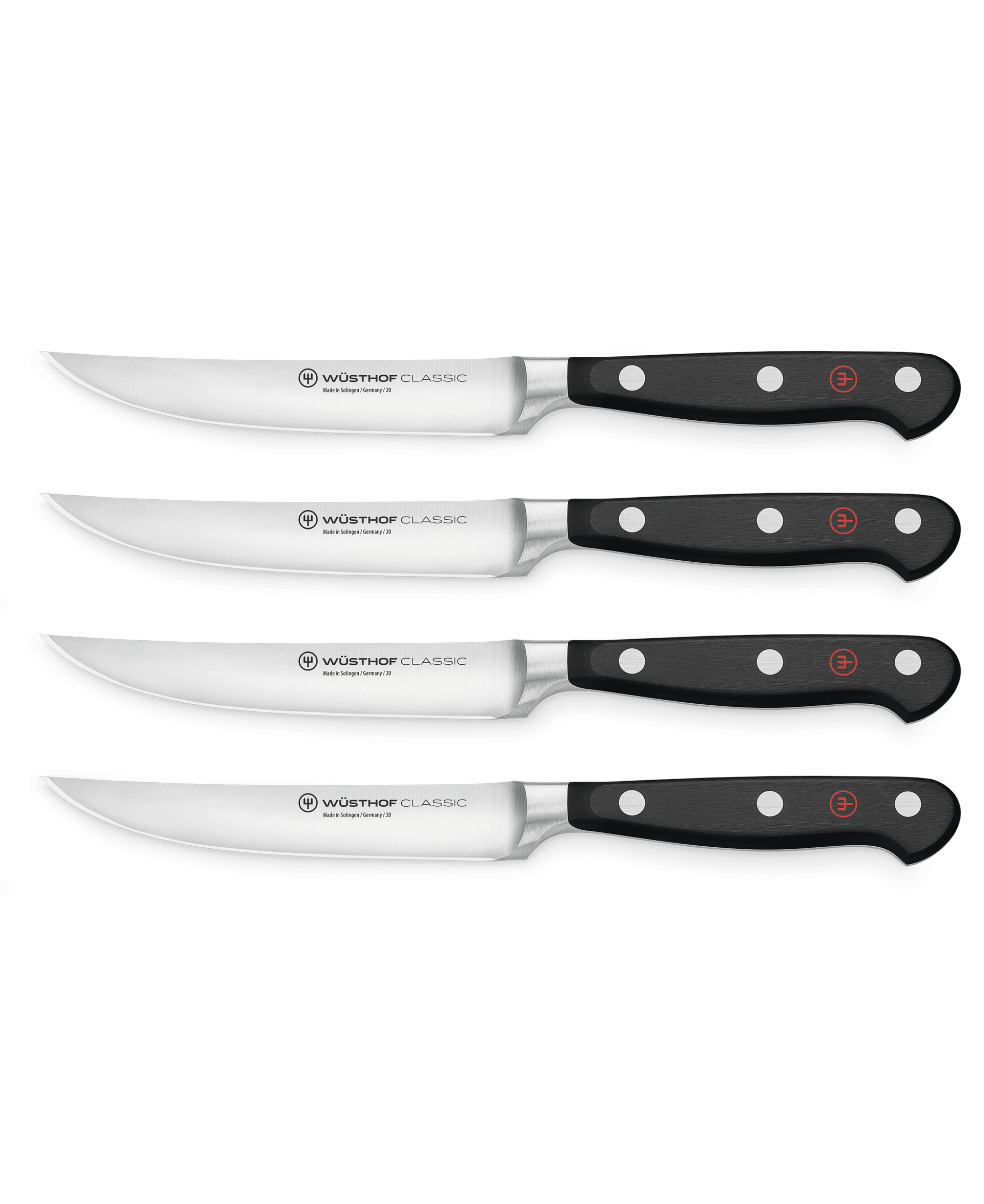 Classic 4-Piece Steak Knife Set featuring forged German steel blades with triple-riveted black handles for precise cutting and balanced grip.