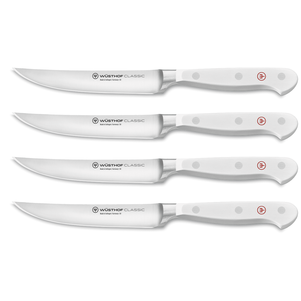 Classic 4-Piece Steak Knife Set with white ergonomic handles featuring triple rivets and sharp German-forged blades for precise slicing.