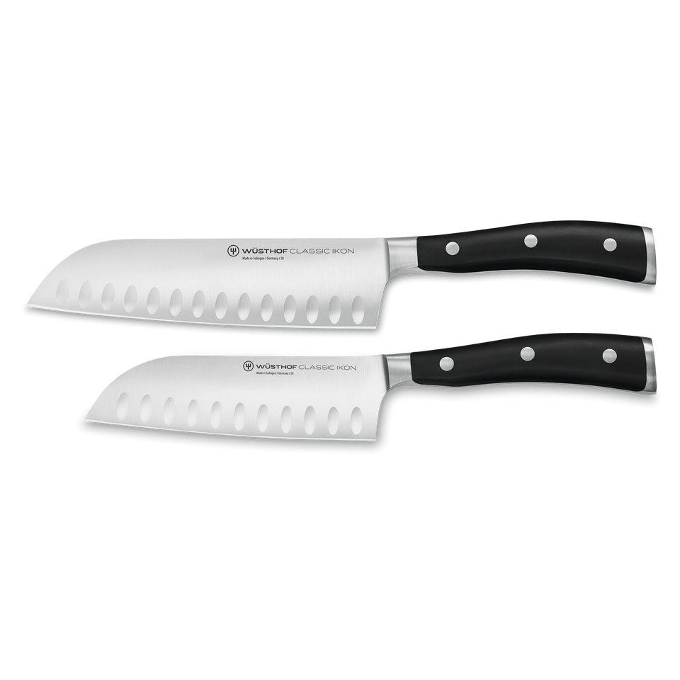 Classic Ikon 2-Piece Santoku Set featuring forged German blades with hollow edge dimples and black ergonomic handles with polished rivets for precise cutting.