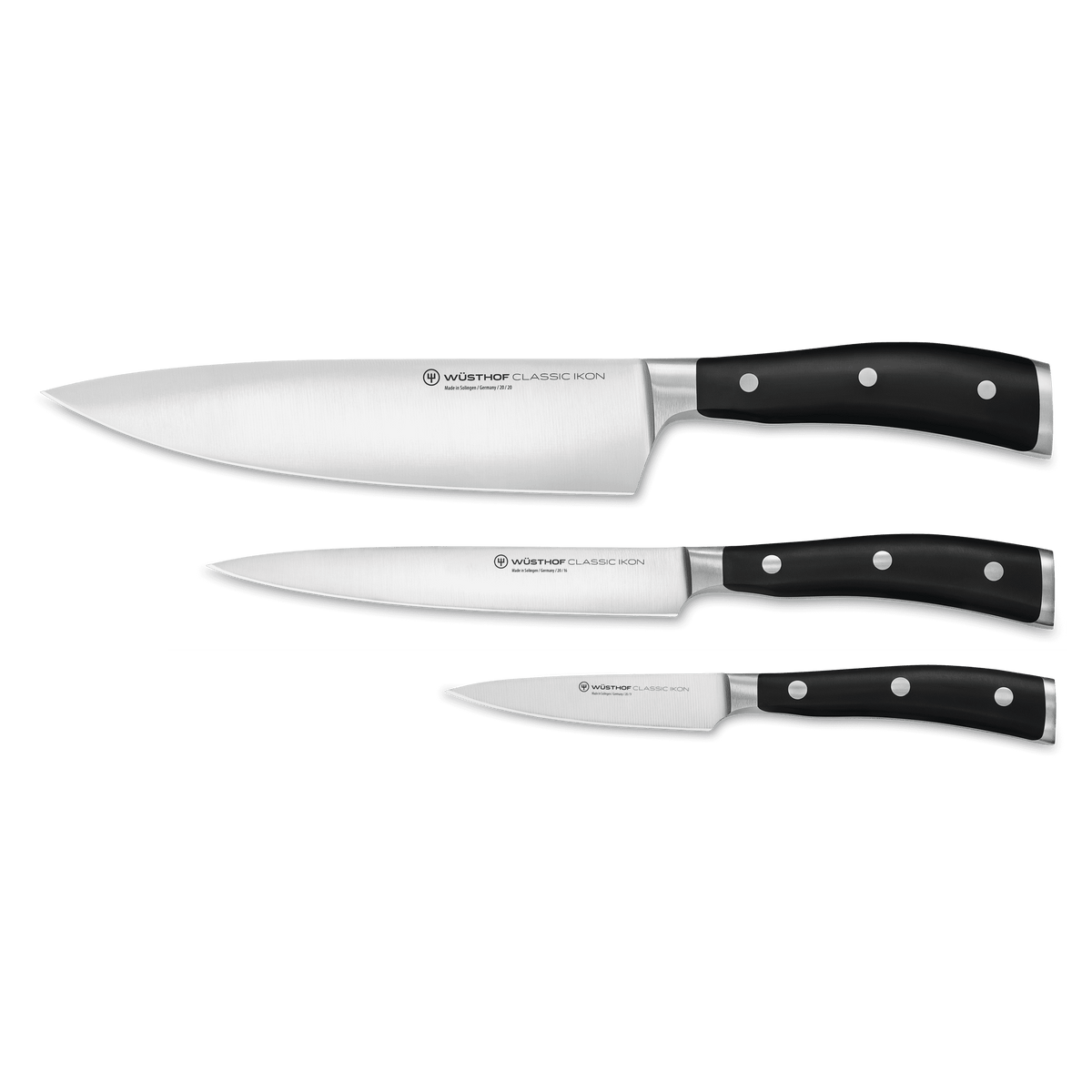 Classic Ikon 3-Piece Chef's Set featuring three forged German kitchen knives with full tang construction and black ergonomic handles for precision cutting.