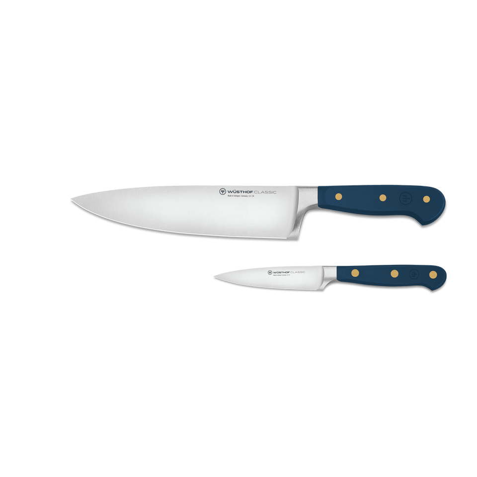 Classic 2-Piece Starter Set featuring finely forged German steel blades and durable triple-riveted blue handles for versatile kitchen use.