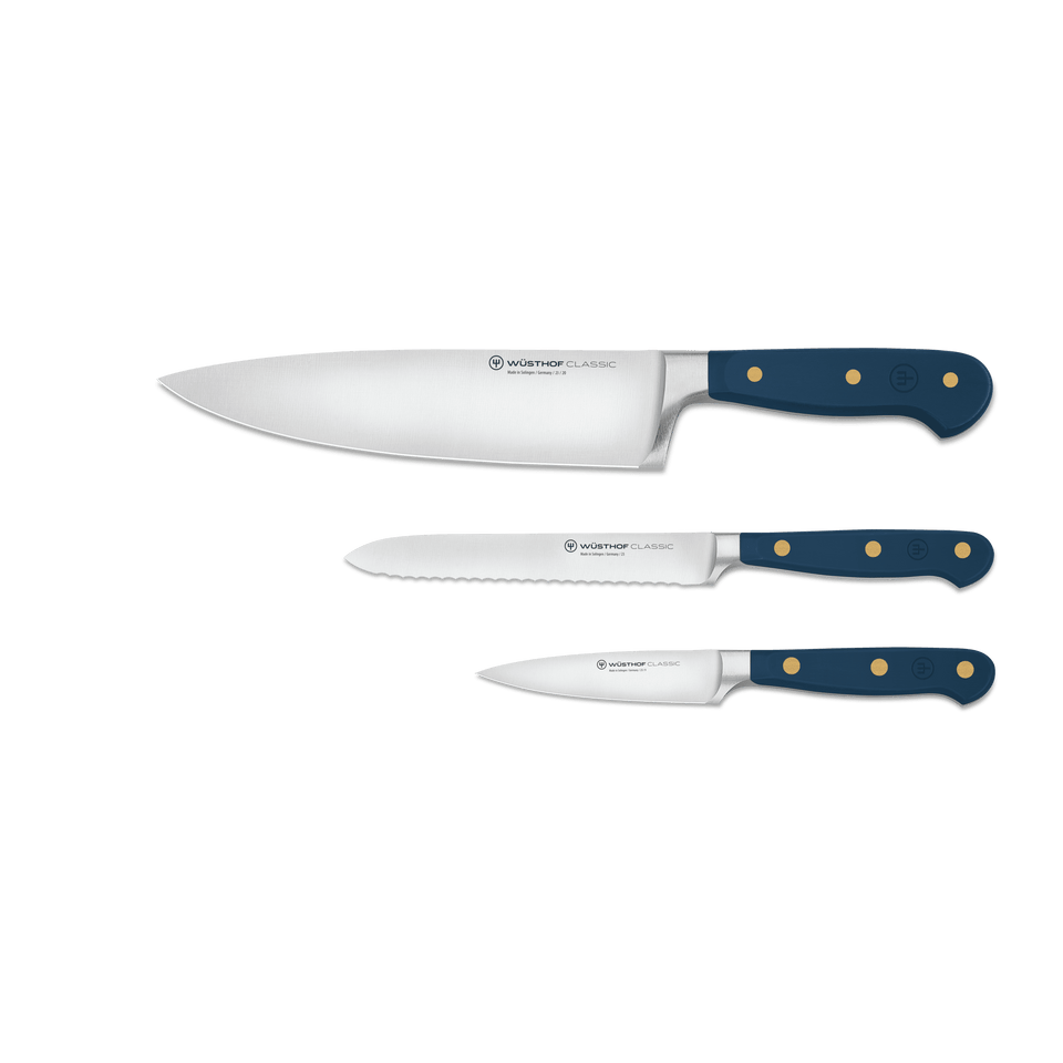 Classic 3-Piece Utility Knife Set featuring high-carbon German stainless steel blades with blue ergonomic handles and brass rivet accents.