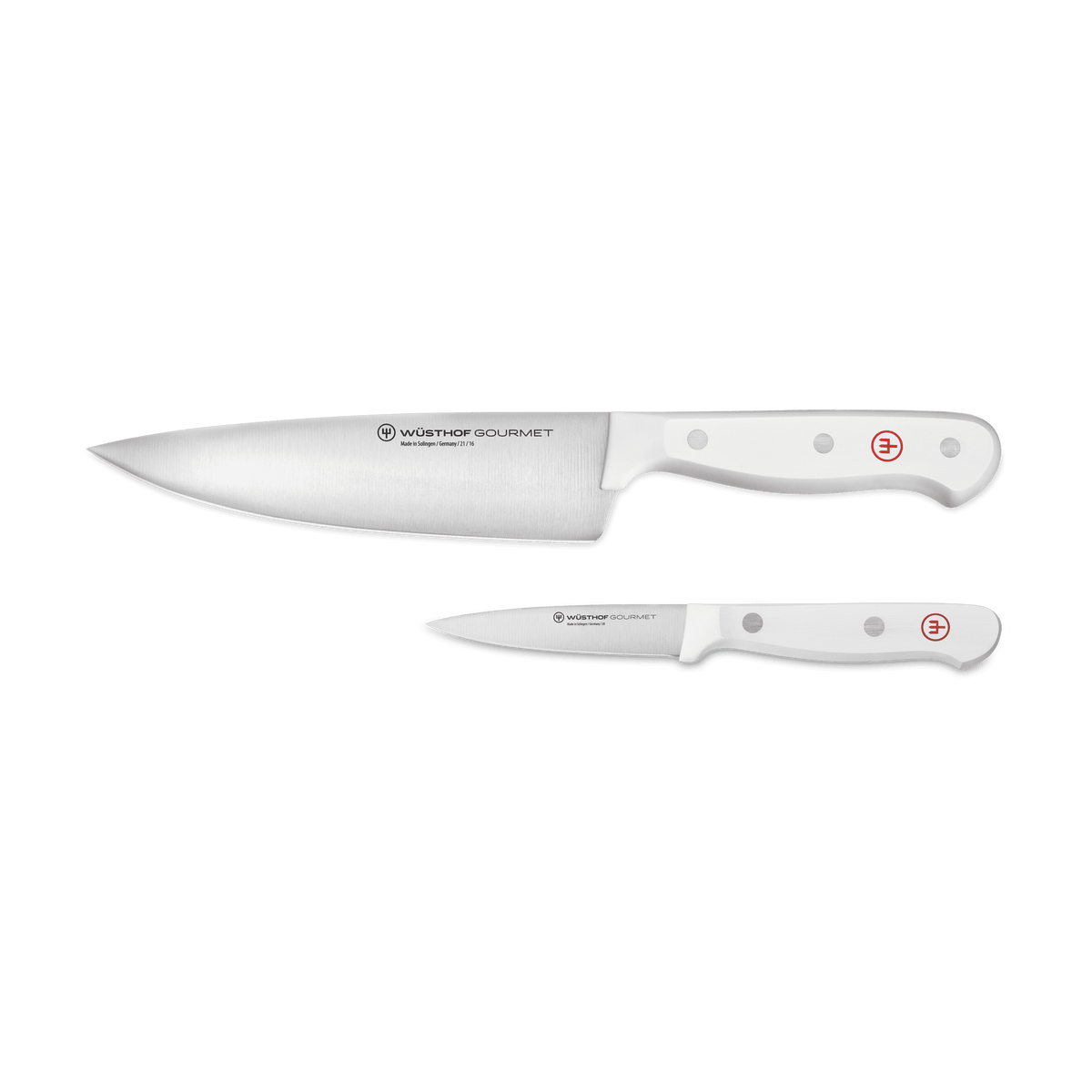 Gourmet 2-Piece Chef's Knife Set featuring a large chef’s knife and a smaller paring knife with white ergonomic handles and polished stainless steel forged blades.