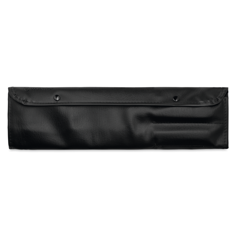 Gourmet 6-Piece Chef's Starter Knife Set foldable black leather carrying case with secure snap closures for safe and organized kitchen knife storage.
