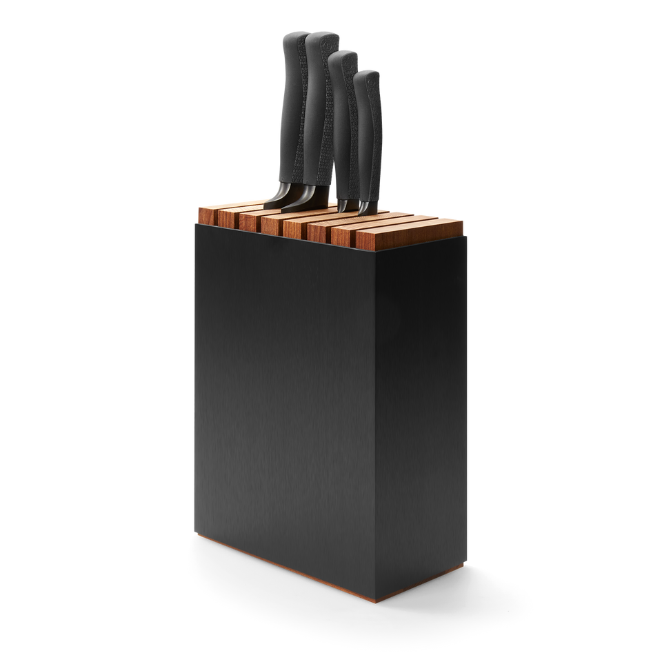 Performer 5-Piece Knife Block Set featuring knives with textured ergonomic black handles stored in a sleek black and wooden knife block.