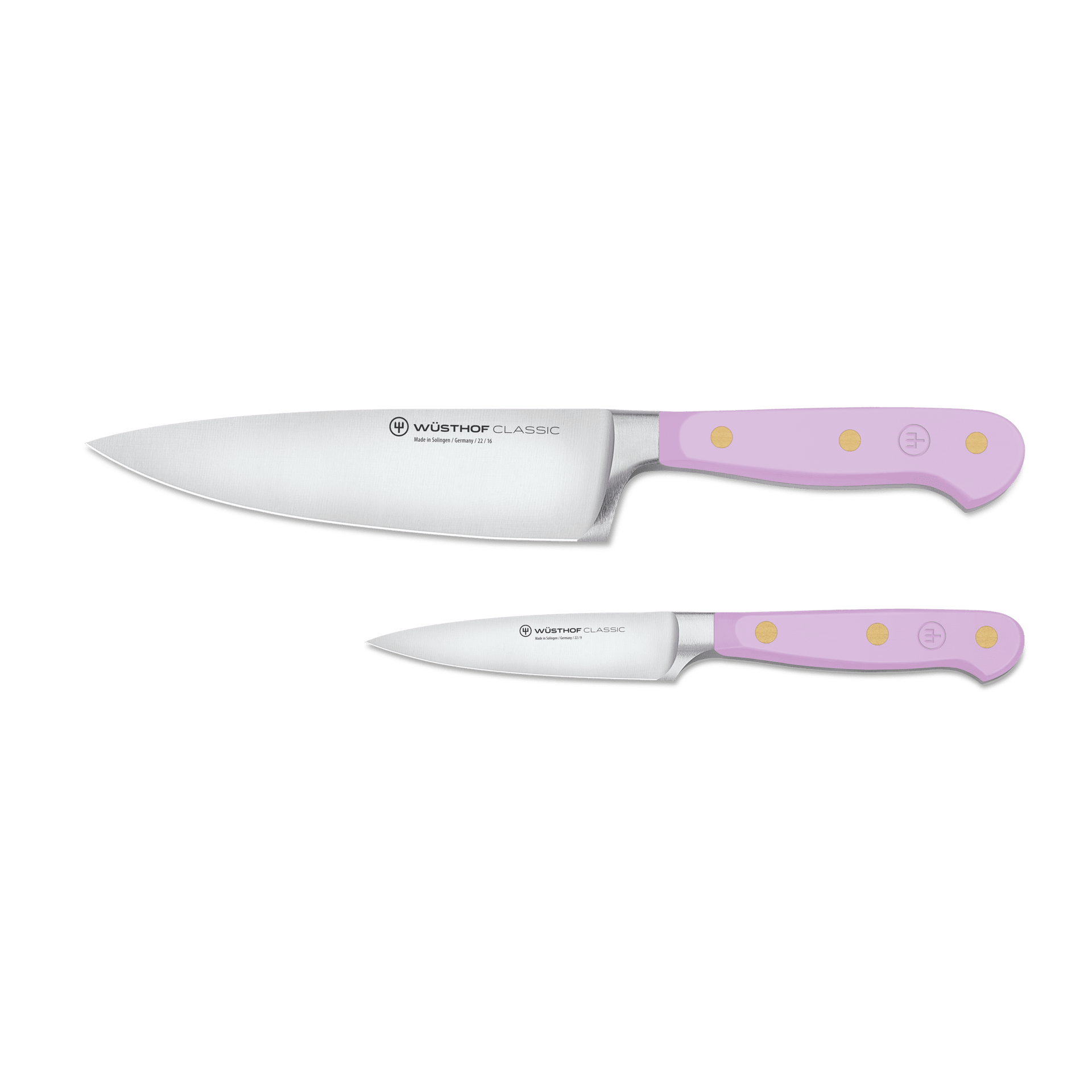 Classic 2-Piece Knife Set - Purple Yam featuring forged German stainless steel blades with ergonomic purple yam handles and brass rivets, ideal for chefs.