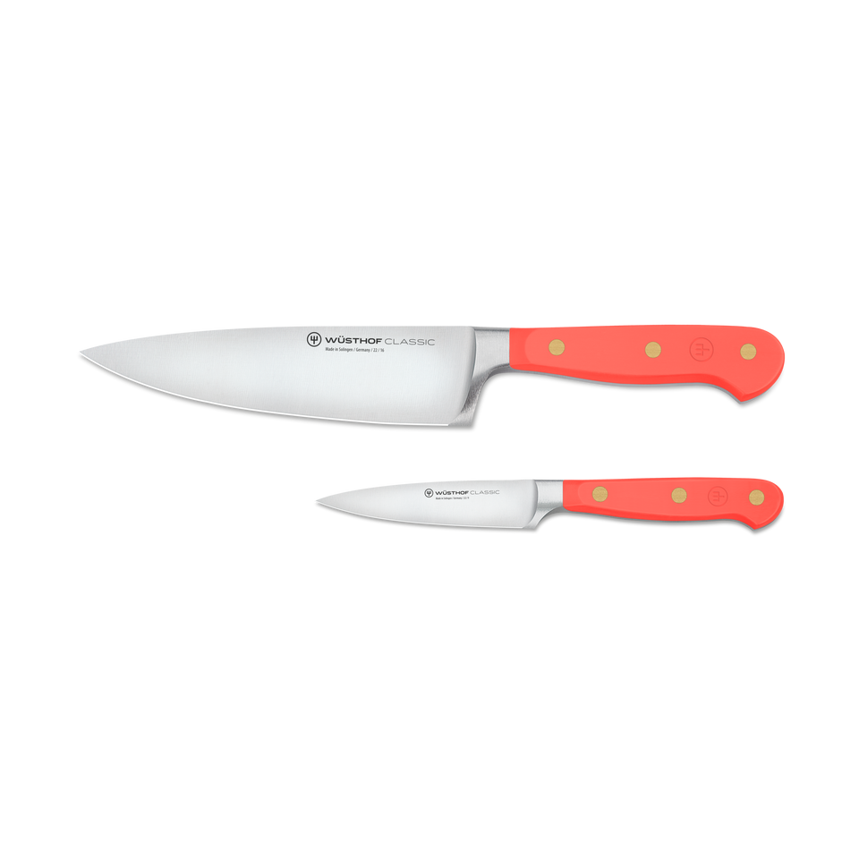 Classic 2-Piece Knife Set - Coral Peach featuring forged German stainless steel blades with bright coral peach ergonomic handles and brass rivets for comfort and durability.