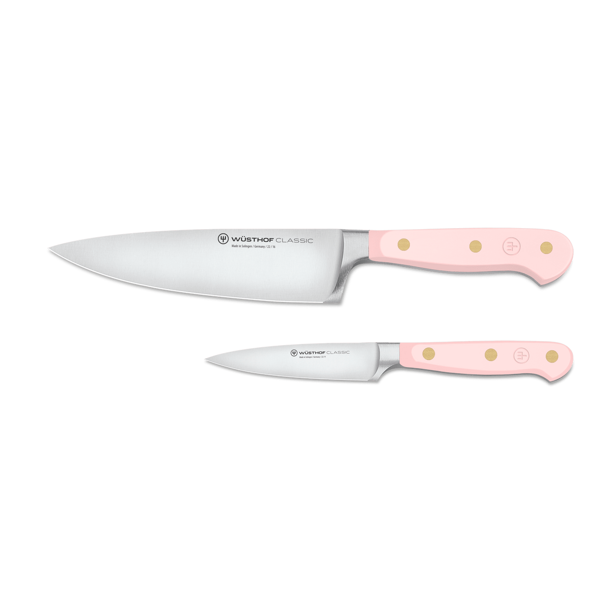 Classic 2-Piece Knife Set - Pink Himalayan Salt featuring a forged German chef’s knife and paring knife with ergonomic pink handles and brass rivets.