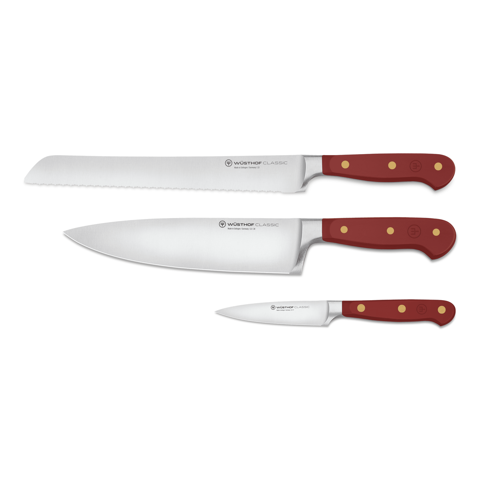 Classic 3-Piece Essential Knife Set - Tasty Sumac featuring forged German blades with serrated bread, chef’s, and paring knives and ergonomic rich sumac handles with brass rivets.