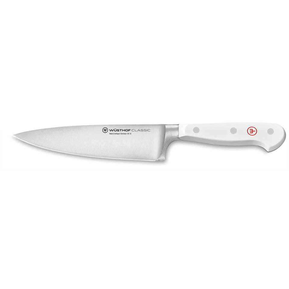 Classic 6" Chef's Knife with a forged stainless steel blade and a durable white synthetic handle featuring three rivets and a red emblem for balance and control.