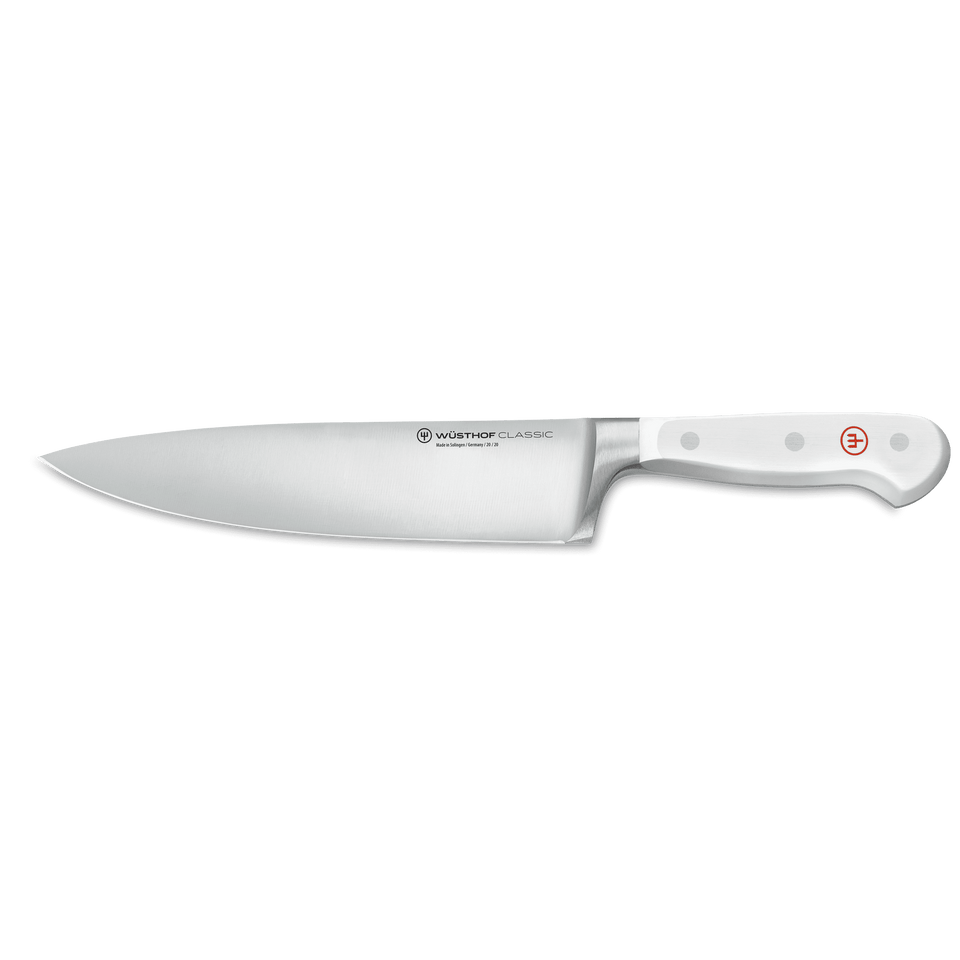 Classic 8" Chef's Knife with a polished forged German steel blade and a white synthetic handle featuring three rivets and a red logo emblem.
