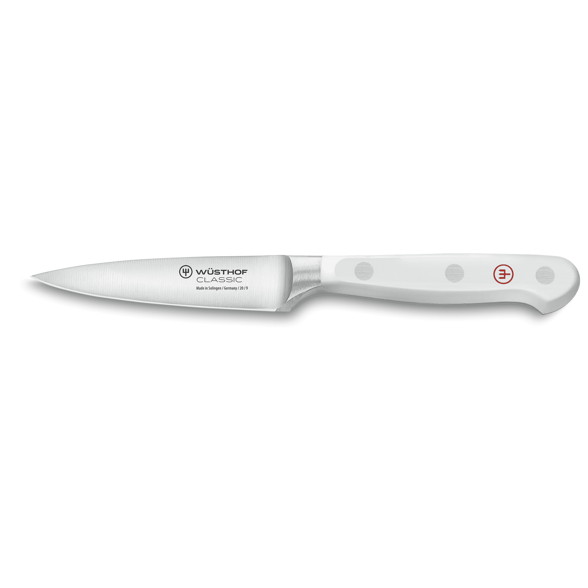 Classic 3 1/2" Paring Knife with a polished forged German steel blade and a smooth white handle featuring three rivets and a red logo accent.
