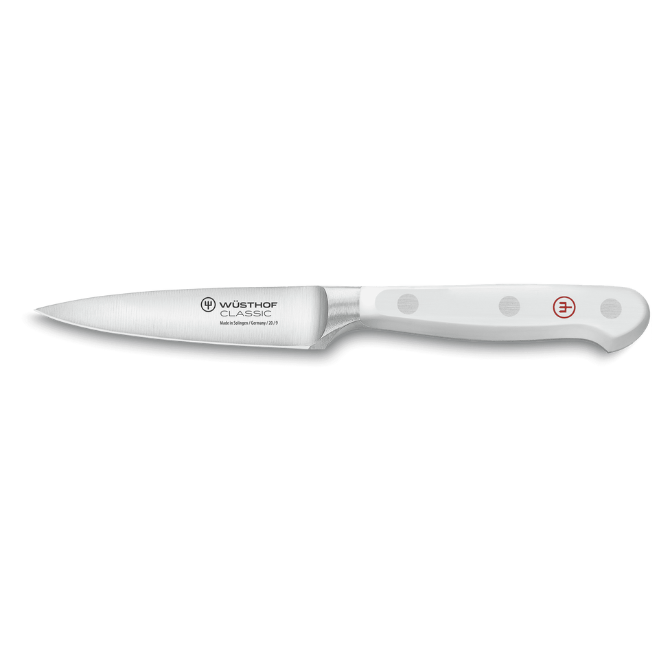 Classic 3 1/2" Paring Knife with a polished forged German steel blade and a smooth white handle featuring three rivets and a red logo accent.