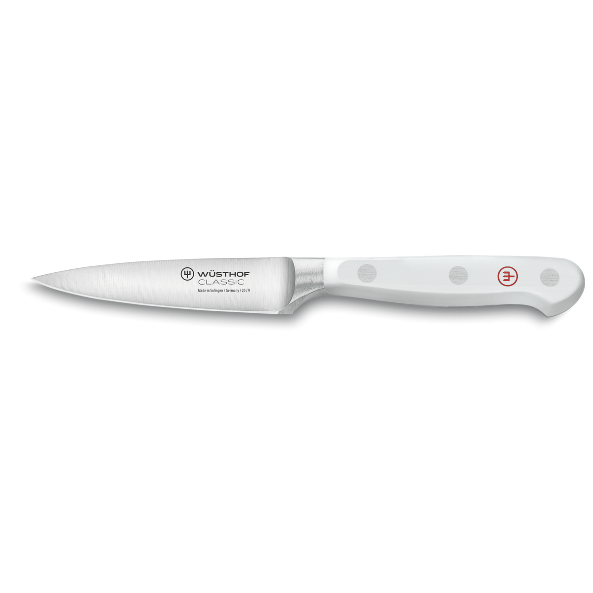 Classic 7-Piece Knife Block Set with Bread Knife featuring a forged German stainless steel paring knife with a smooth white ergonomic handle and triple rivets.