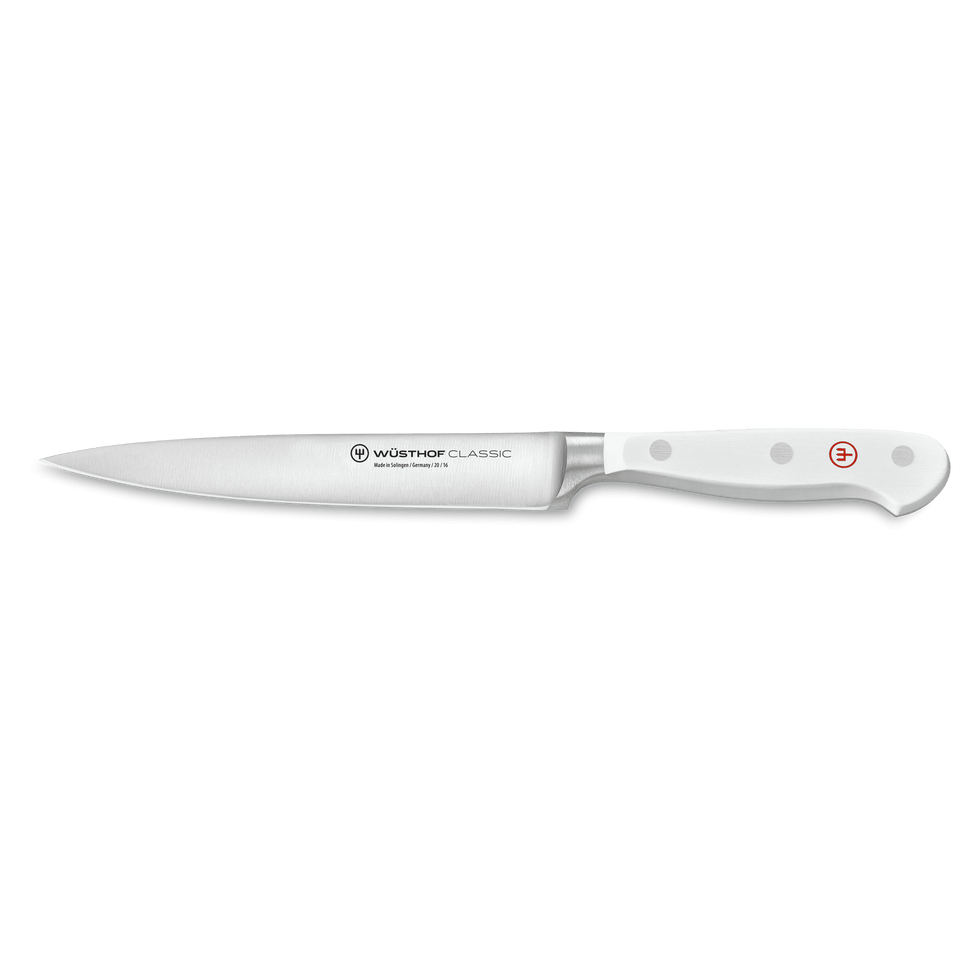 Classic 6" Utility Knife featuring a sharp forged German steel blade and a durable white ergonomic handle with triple rivets for precise cutting.