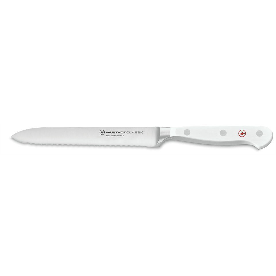 Classic 5" Serrated Utility Knife with a white triple-riveted handle and a precision-forged serrated blade suitable for detailed kitchen tasks.