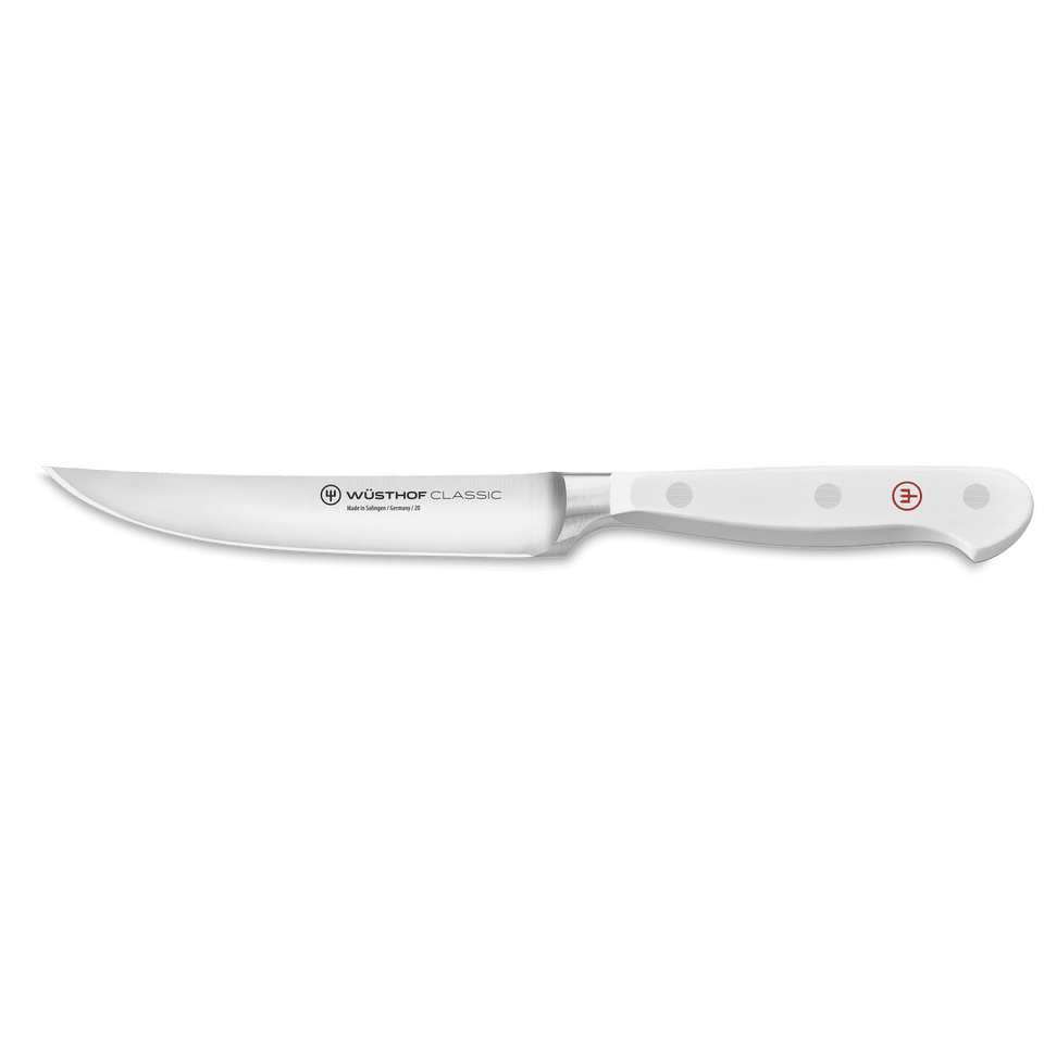 Classic 4 1/2" Steak Knife with a sharp curved stainless steel blade and a white ergonomic handle featuring a full tang and three rivets for stability and control.