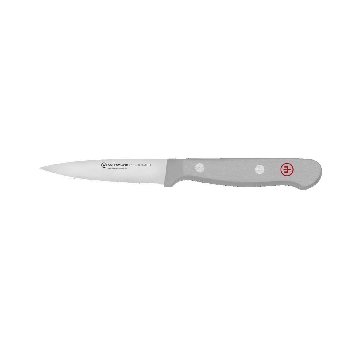 Gourmet 7-Piece In-Drawer Knife Set featuring a sharp, slender paring knife with a forged German blade and ergonomic gray handle with polished rivets.