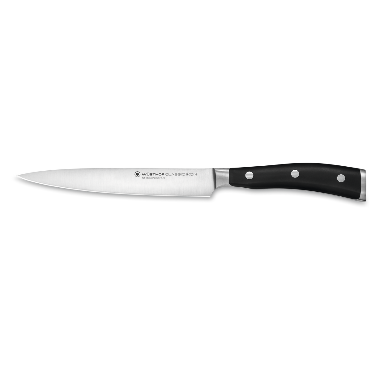 WÜSTHOF Classic Ikon 7-Piece Knife Block Set featuring a slender, forged German steel paring knife with a polished blade and triple-riveted black ergonomic handle.