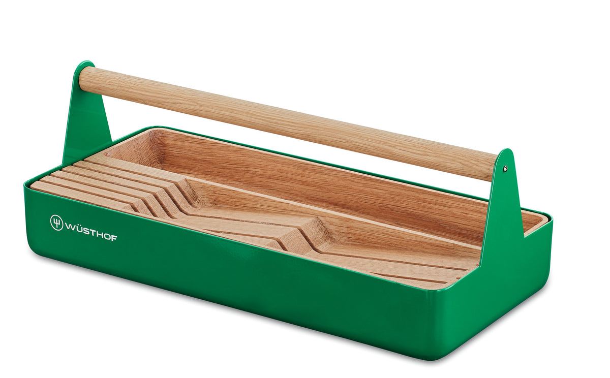 Urban Farmer 5-Piece Toolbox Knife Set featuring a green metal organizer tray with natural wood handle and angled wooden blade rests for secure knife storage.