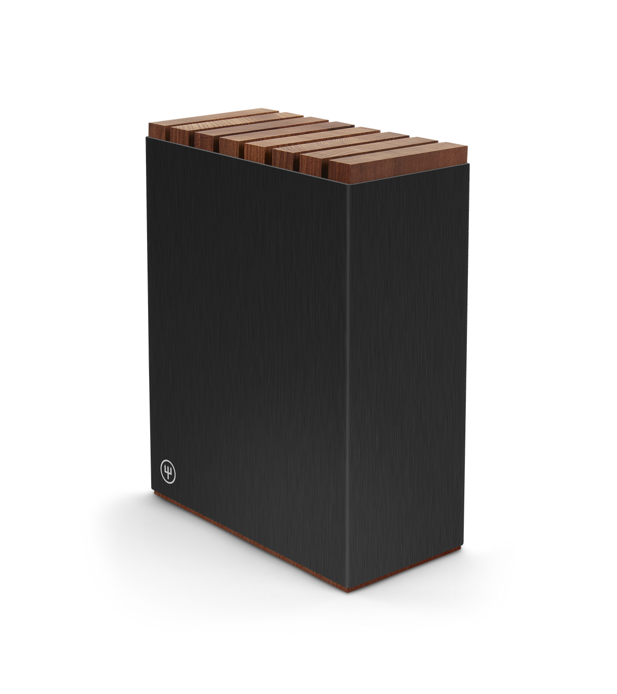 7-Slot Black Aluminum Knife Block with Wood Insert featuring a sleek brushed finish and warm wooden slots for organized kitchen knife storage.
