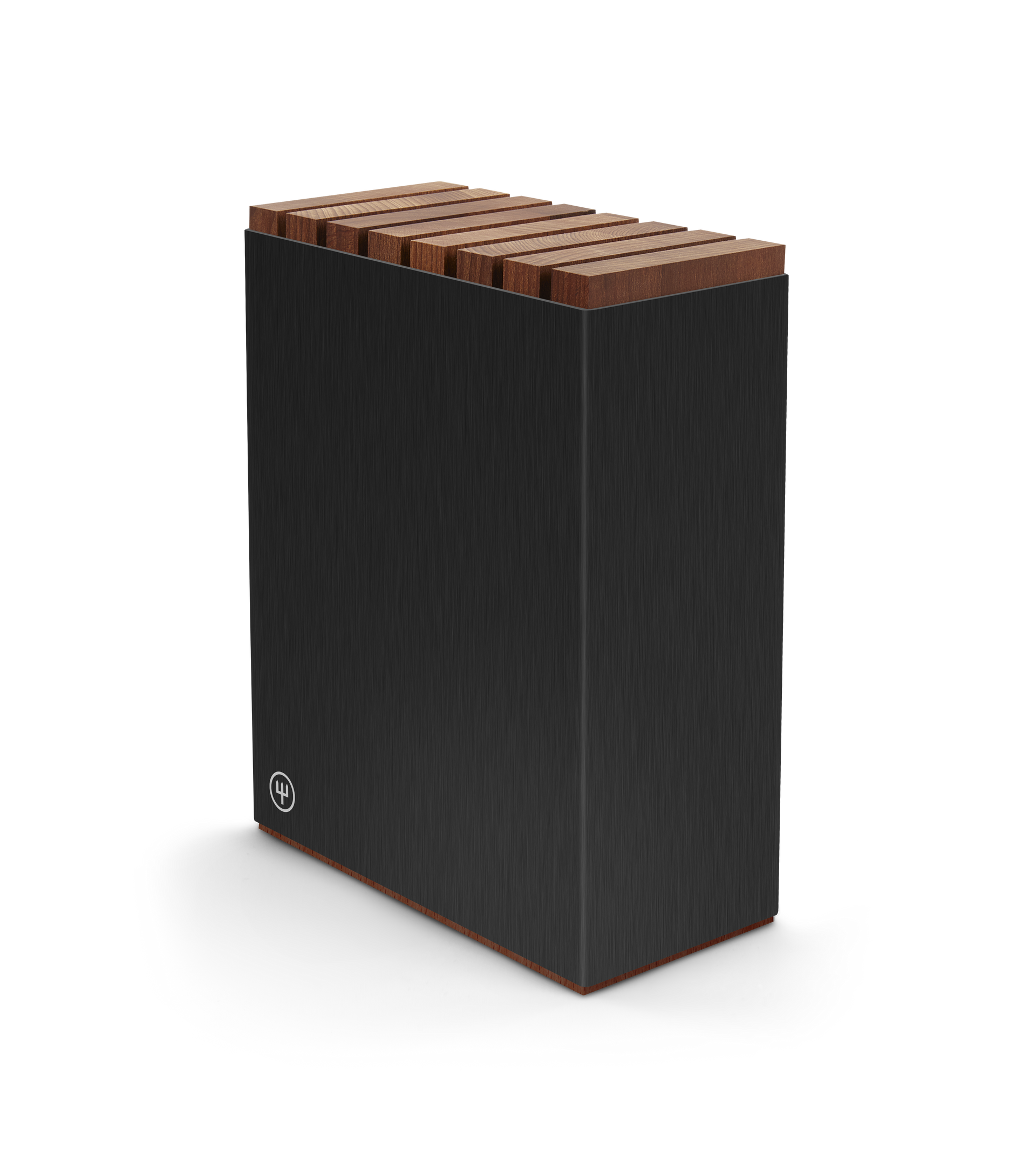 7-Slot Black Aluminum Knife Block with Wood Insert featuring a sleek brushed finish and warm wooden slots for organized kitchen knife storage.