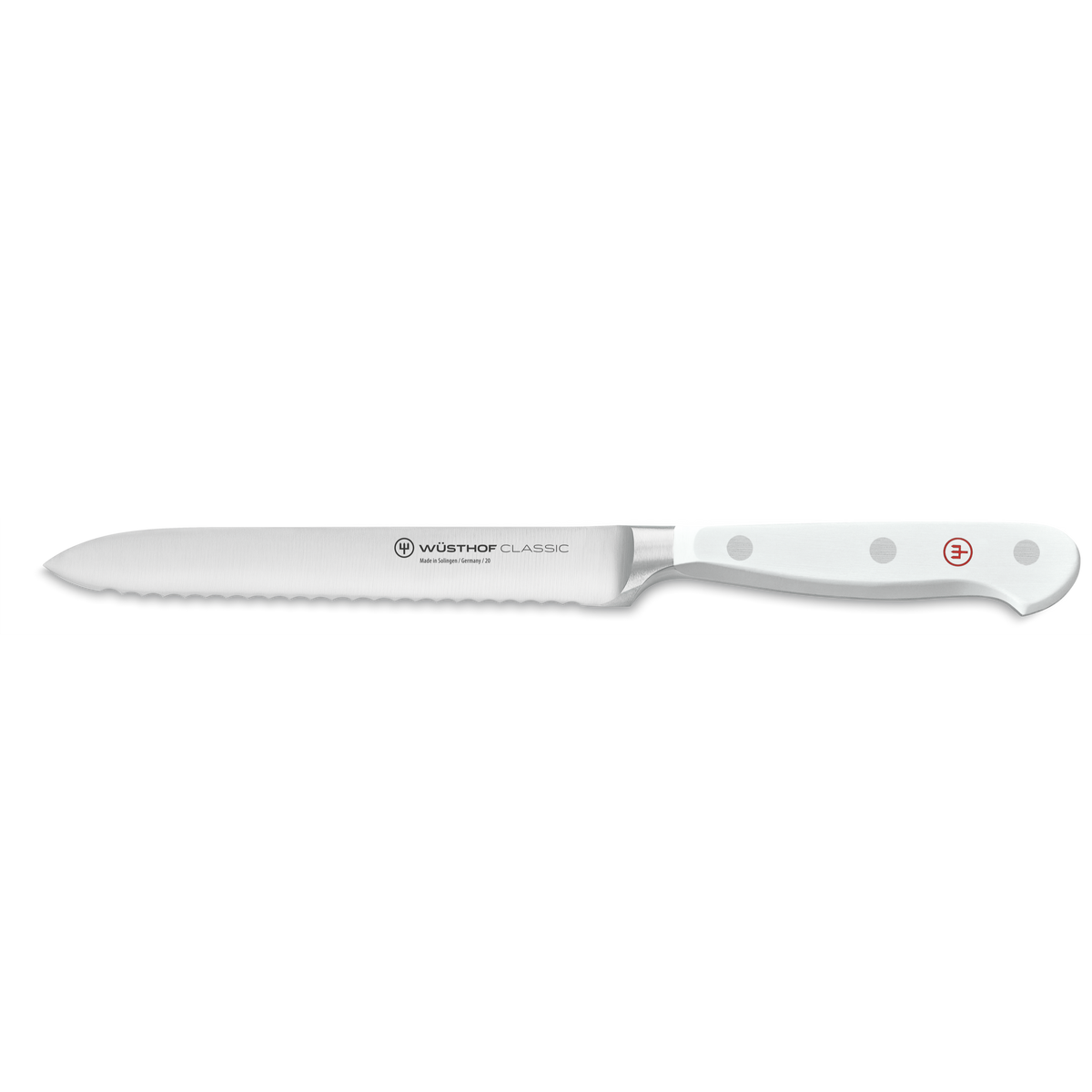 Classic 6-Piece Knife Block Set with Santoku featuring a serrated bread knife with a triple-riveted white ergonomic handle and forged German stainless steel blade.