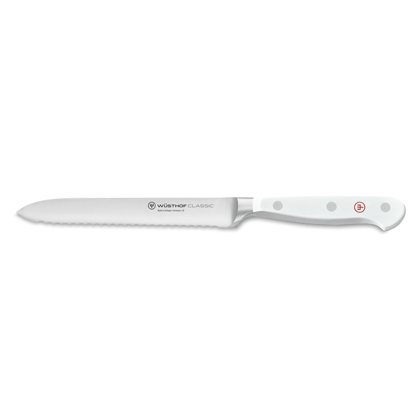 Classic 6-Piece Knife Block Set with Bread Knife featuring a serrated forged German stainless steel blade and an ergonomic white triple-riveted handle.