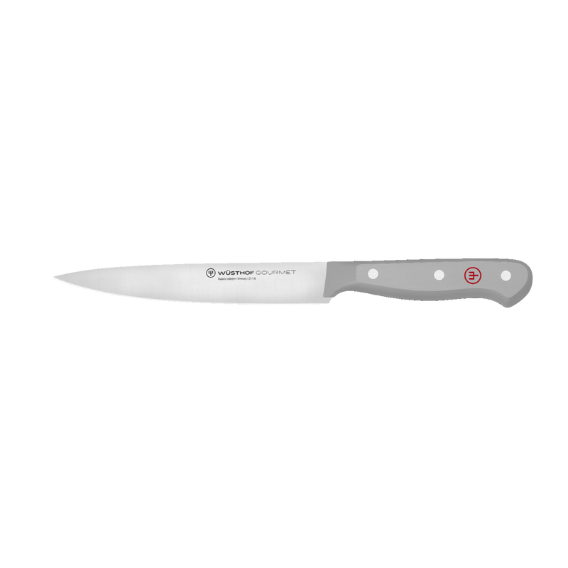 Gourmet 7-Piece Block Set featuring a slender forged German kitchen knife with a sharp blade and comfortable gray ergonomic handle with polished rivets.