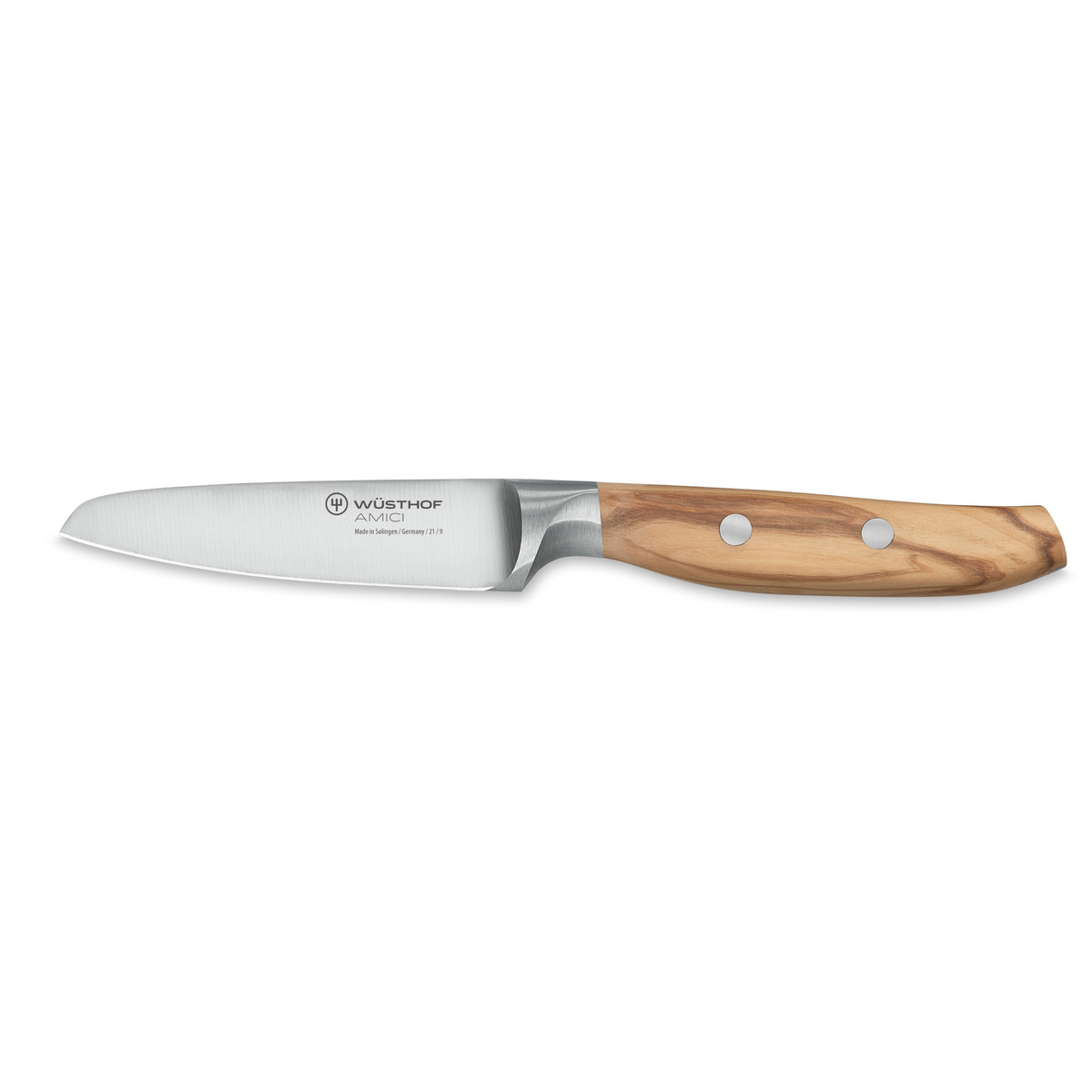 Villa 6-Piece Knife Block Set paring knife with a forged stainless steel blade and an ergonomic natural wood handle secured by two rivets.