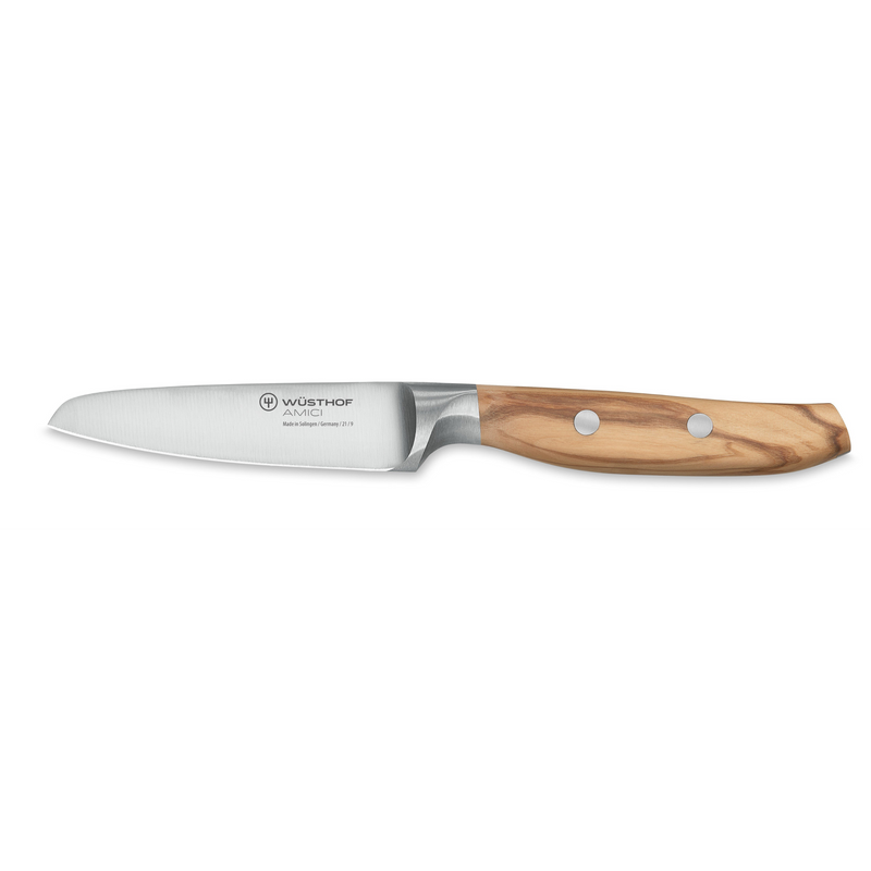 Villa 6-Piece Knife Block Set paring knife with a forged stainless steel blade and an ergonomic natural wood handle secured by two rivets.