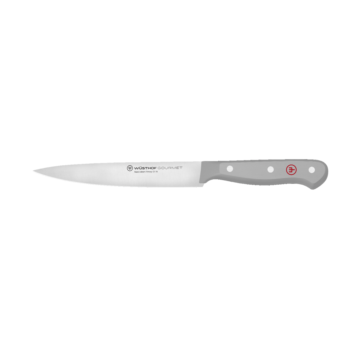 Gourmet 7-Piece In-Drawer Knife Set featuring a sleek German-forged sharpening steel with a smooth gray ergonomic handle and polished rivets.