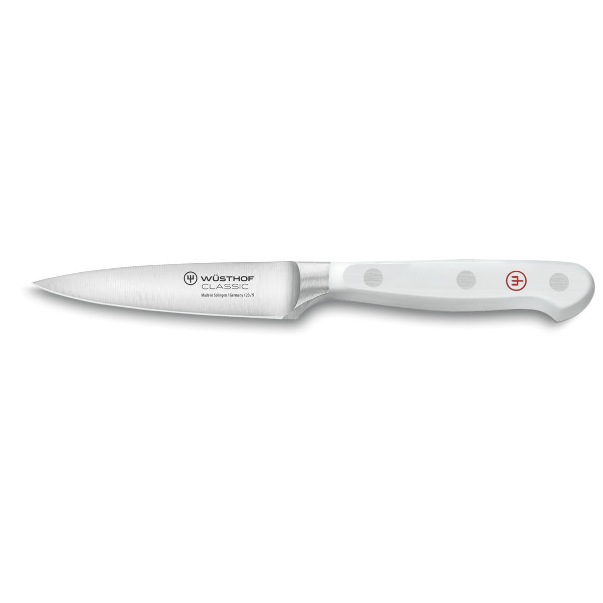Classic 9-Piece Knife Block Set featuring a precision-forged paring knife with a sharp German steel blade and ergonomic white handle with polished rivets.