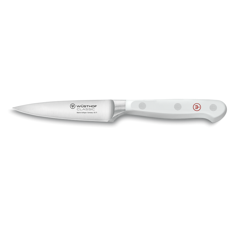 Classic 9-Piece Knife Block Set featuring a precision-forged paring knife with a sharp German steel blade and ergonomic white handle with polished rivets.
