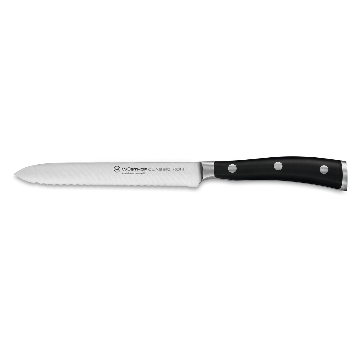 Classic Ikon 7-Piece Knife Block Set serrated bread knife with forged German steel blade and ergonomic black handle featuring triple rivets and polished bolster.