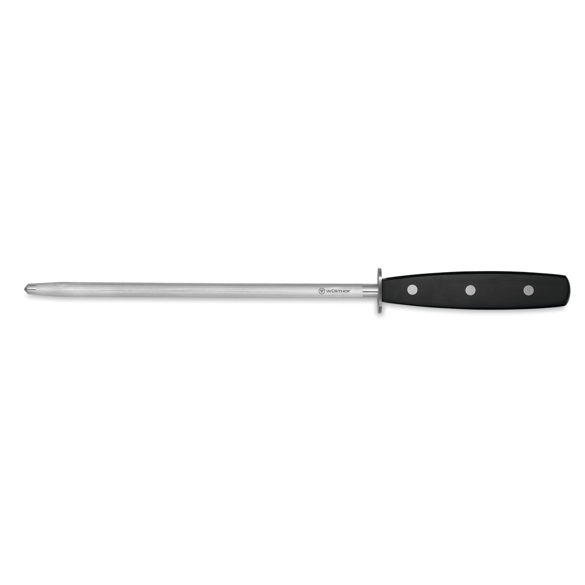 Classic 11-Piece Knife Block Set, Acacia featuring a stainless steel honing steel with a triple-riveted black handle designed for maintaining sharpness of forged kitchen knives.