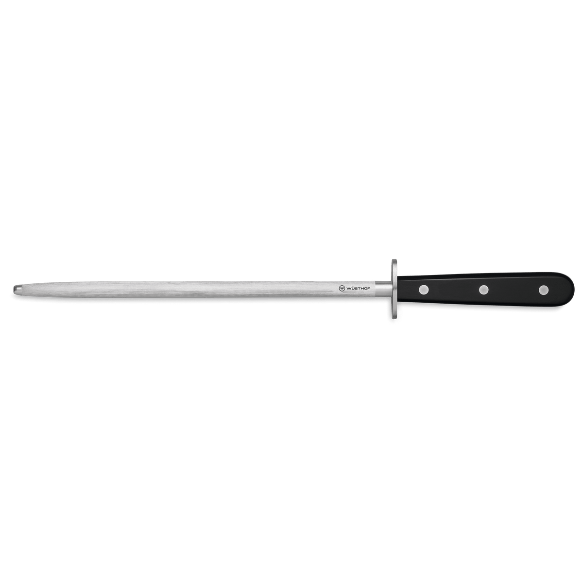 Classic 10" Honing Steel with a polished stainless steel rod and black triple-riveted handle designed to maintain sharpness of WÜSTHOF German knives.
