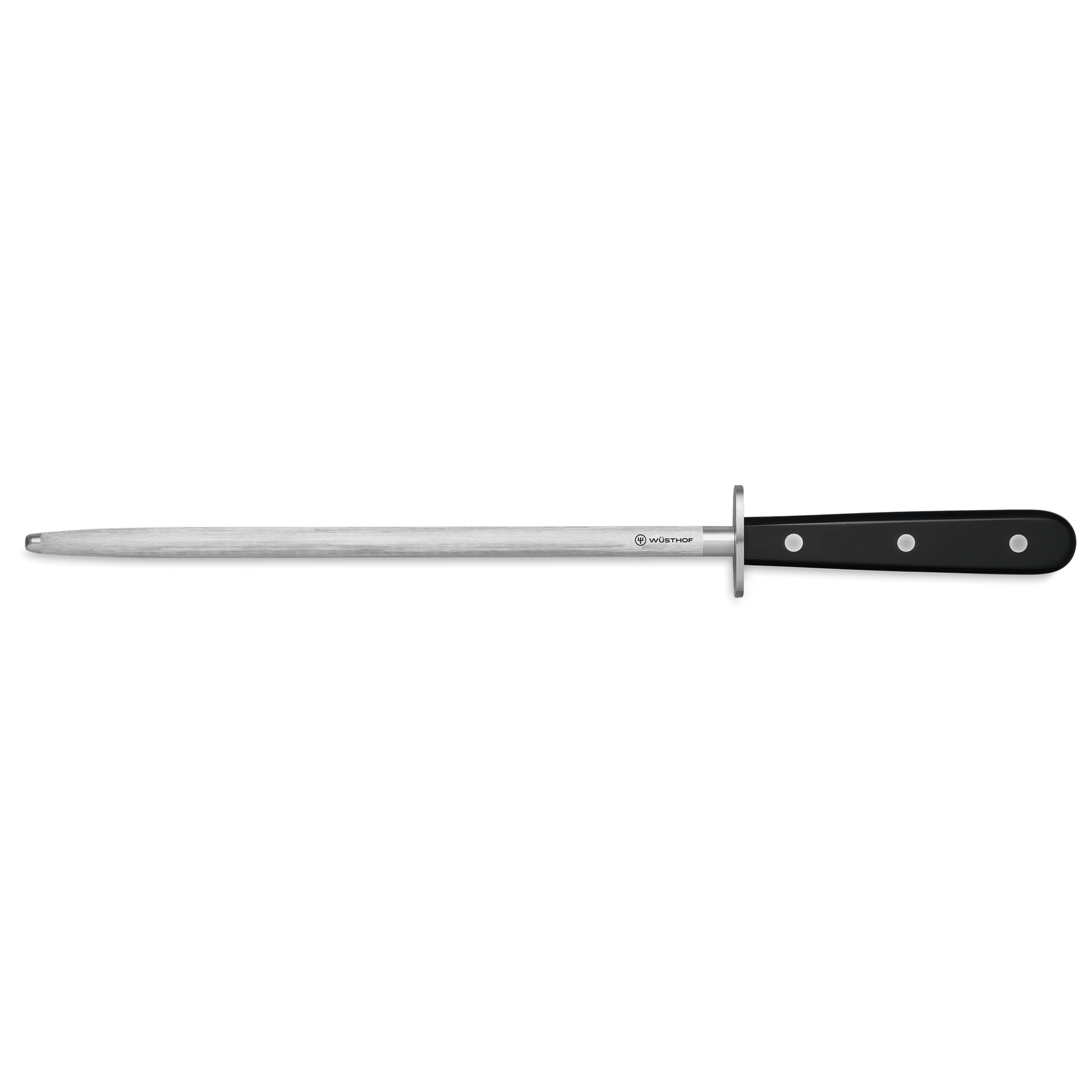 Classic 10" Honing Steel with a polished stainless steel rod and black triple-riveted handle designed to maintain sharpness of WÜSTHOF German knives.