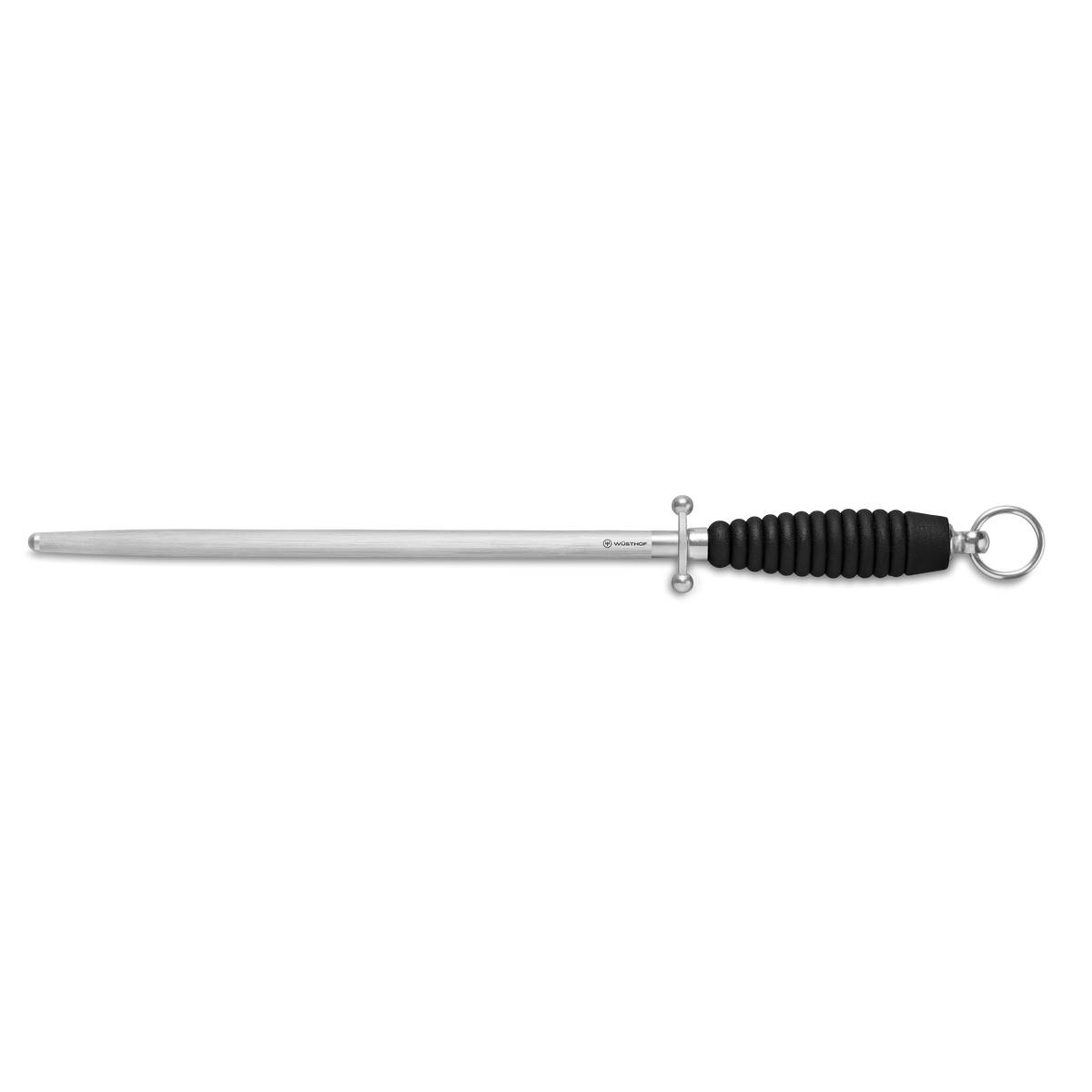 12" Honing Steel with a sleek polished rod, black textured grip handle, and metal guard, designed for maintaining the edge on forged kitchen knives.